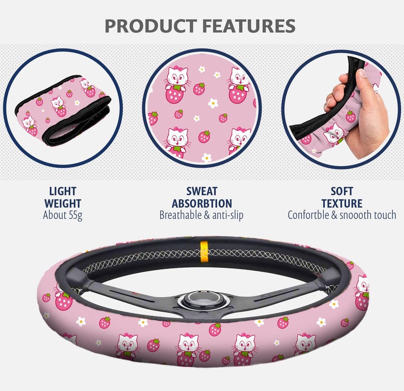 Zadin Kitty Accessories Car  Strawberry Pink Hello Cat Wheel Cover  Y2K Car Accessories  Girly Steering Wheel Cover  Universal Fit 14.5-15 inch Auto SUV Vans Trucks  Anti-Slip and Sweat Absorption - Image 3